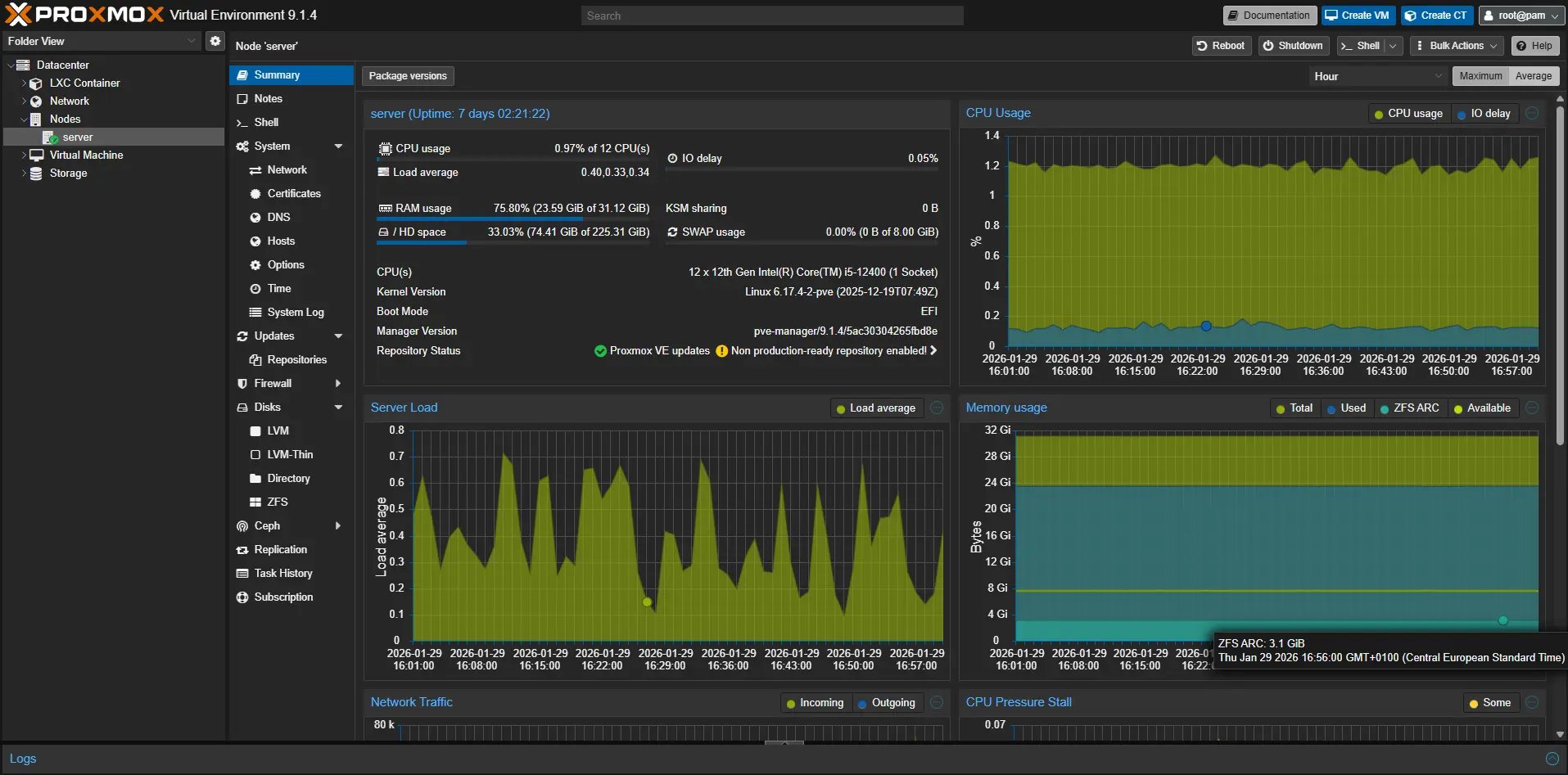 Proxmox dashboard